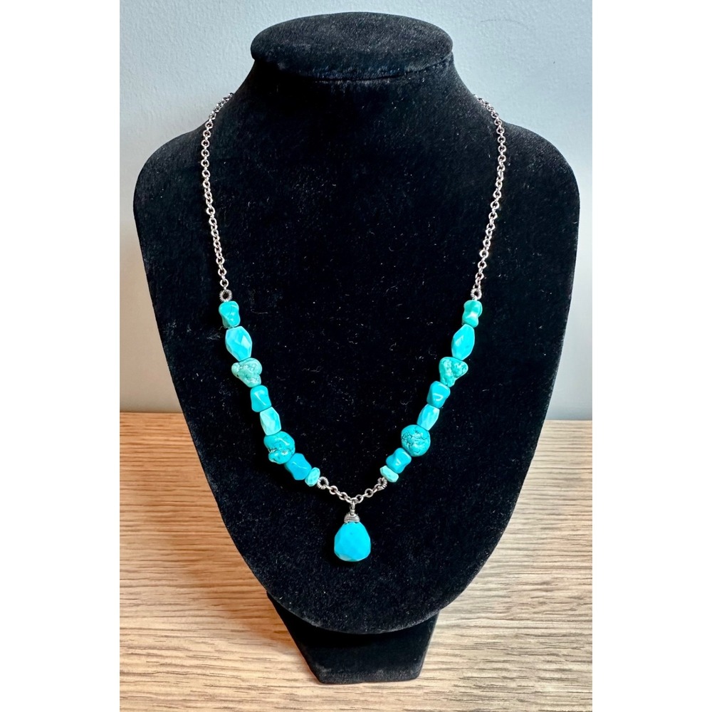 Turquoise Nugget Necklace Silver Tone Toggle Clasp Statement 16" Southwest style